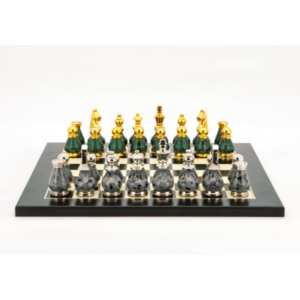 Dal Rossi Italy Chess Set Flat Black/Erable Board 40cm, With Gray and Green Gold and Silver Metal Tops and Bottoms Chess Pieces 90mm