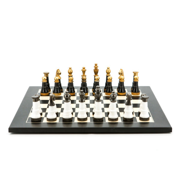 Dal Rossi Italy Chess Set Flat Black/Erable Board 50cm, With Black and White with Gold and Gun Metal Tops and Bottoms Chessmen 110mm
