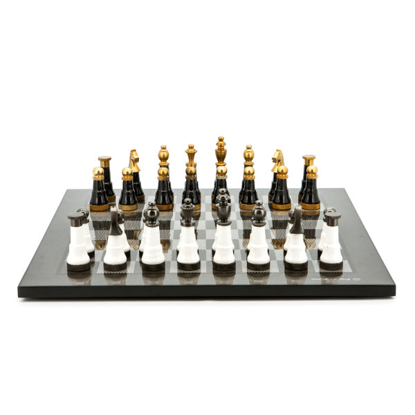 Dal Rossi Italy Chess Set Flat Carbon Fibre Board 50cm, With Black and White with Gold and Gun Metal Tops and Bottoms Chessmen 110mm