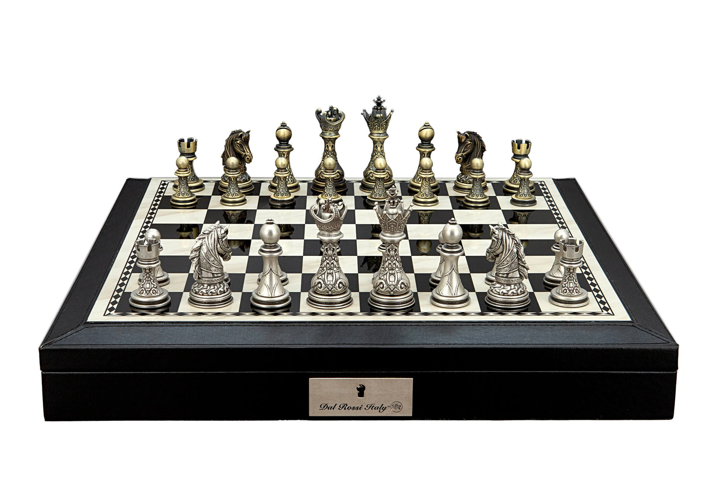 Dal Rossi Italy Chess Set with Black and White PU Leather Bevelled Edge chess box with compartments 18″ and Regal Copper and Silver 90mm Chess Pieces