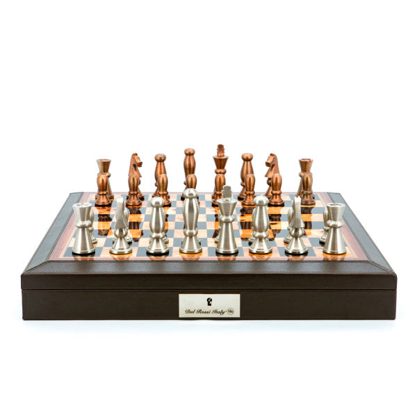 Dal Rossi Italy Chess Set 18” Brown with PU Leather Edge with compartments, With Copper & Silver Weighted Metal 85mm Chess Pieces