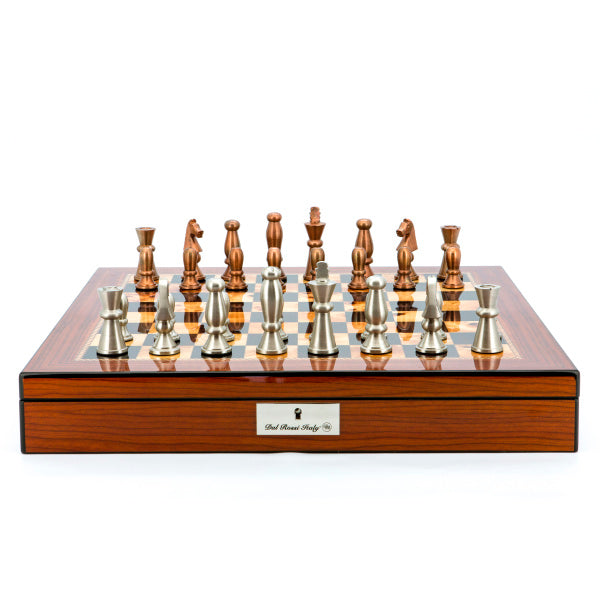 Dal Rossi Italy Chess Set Walnut Finish 20" With Compartments, With Copper & Silver Weighted Metal Chess Pieces 85mm pieces