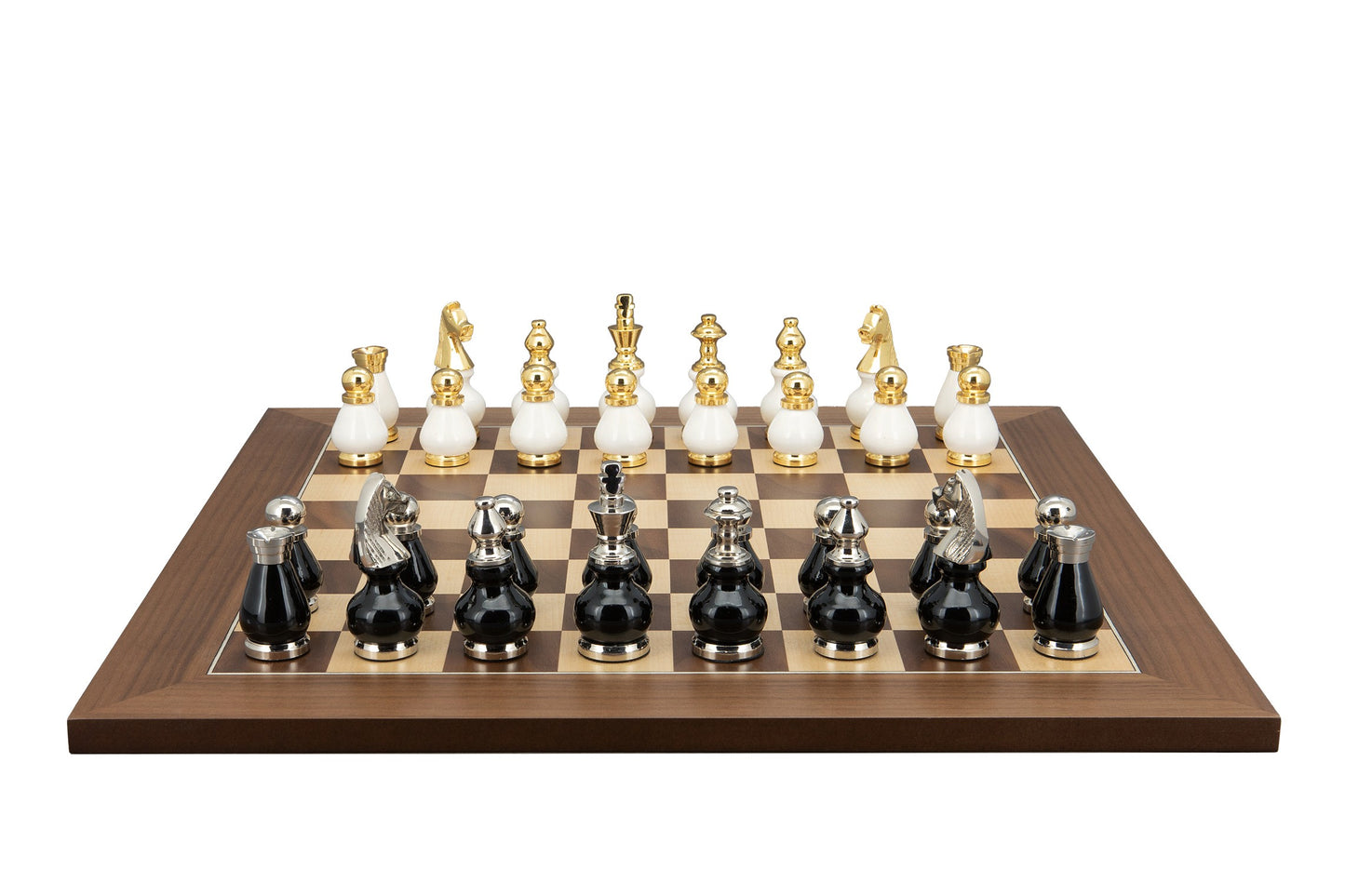 Dal Rossi Italy, Black and White with Gold and Silver Tops and Bottoms Chessmen 90mm on a Walnut Inlaid, 50cm Chess Board