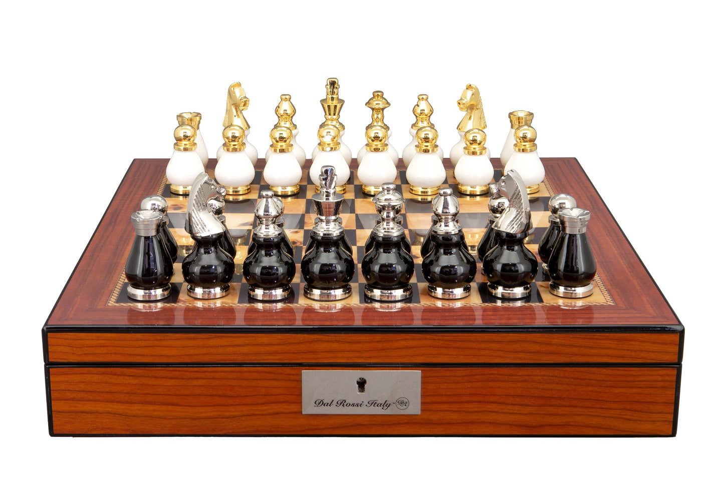 Dal Rossi Italy, Black and White with Gold and Silver Tops and Bottoms Chessmen 90mm on a Walnut Finish Shiny Chess Box with Compartments 16"