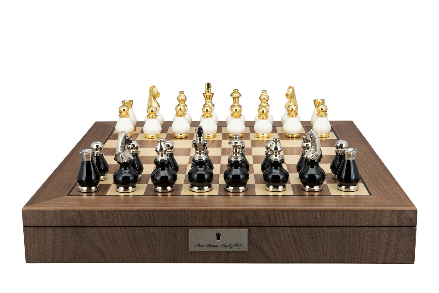 Dal Rossi Italy, Black and White with Gold and Silver Tops and Bottoms Chessmen 90mm on a Walnut Inlaid Chess Box with Compartments 20"