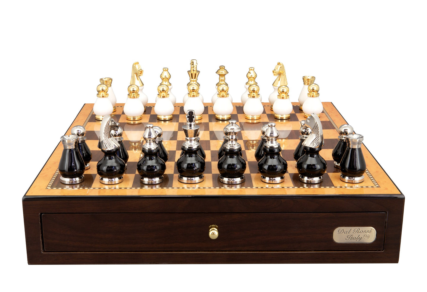 Dal Rossi Italy, Black and White with Gold and Silver Tops and Bottoms Chessmen 90mm on a Shiny Walnut Chess Box with two Drawers 18"
