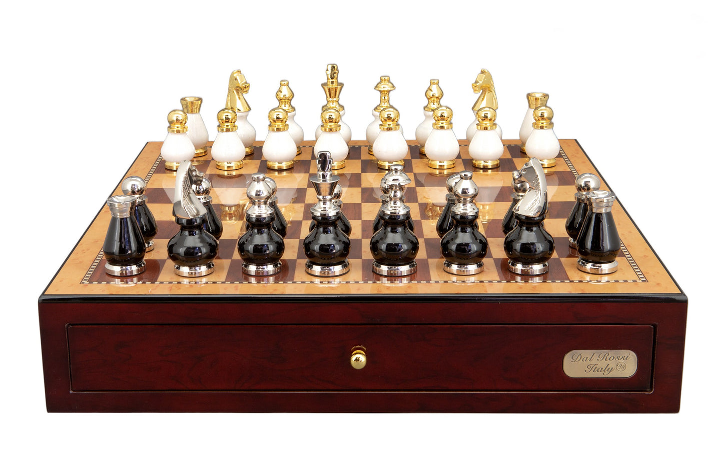 Dal Rossi Italy, Black and White with Gold and Silver Tops and Bottoms Chessmen 90mm on a Shiny Mahogany Chess Box with two Drawers 18"