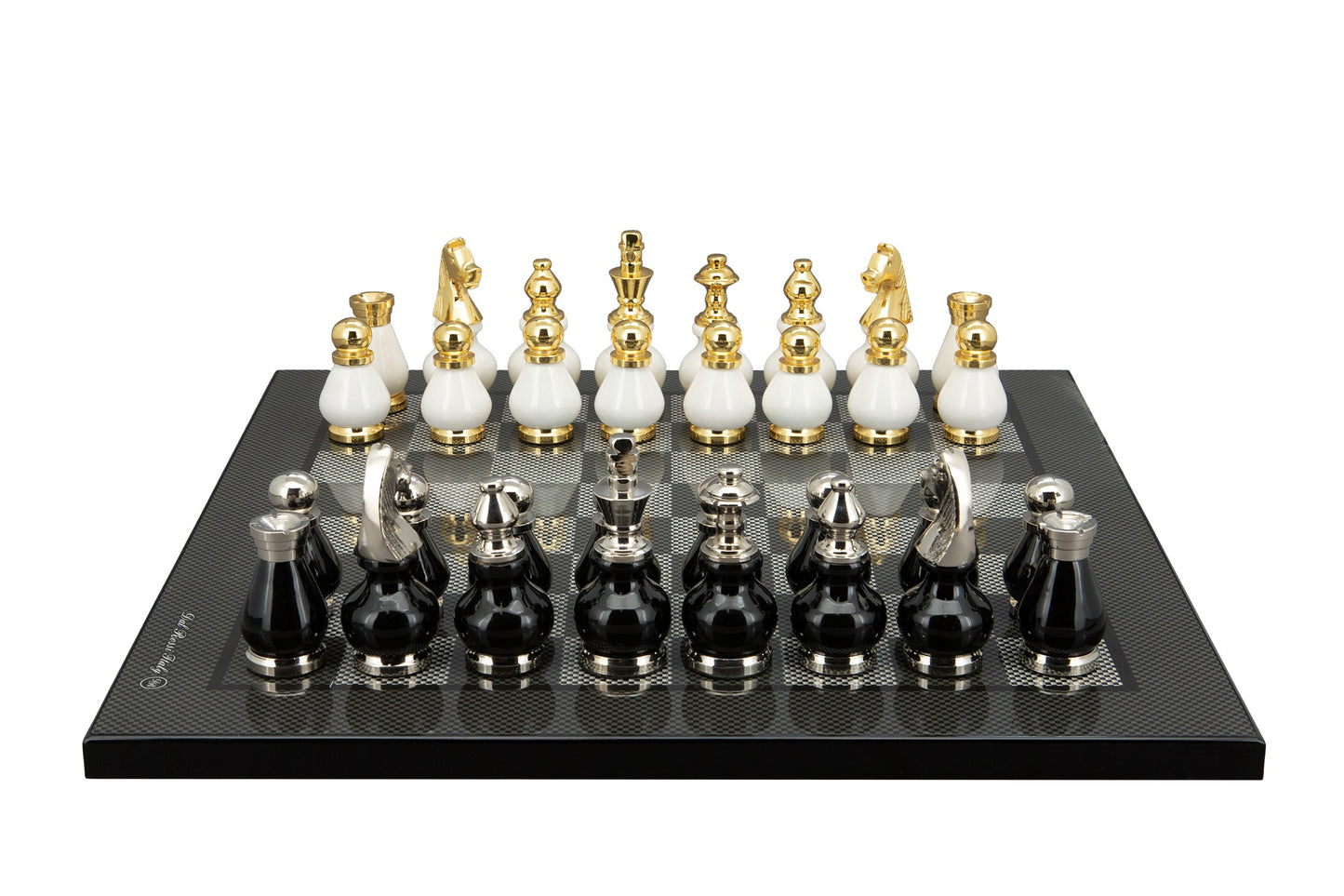 Dal Rossi Italy, Black and White with Gold and Silver Tops and Bottoms Chessmen 90mm on a Carbon Fibre Shiny Finish, 40cm Chess Board