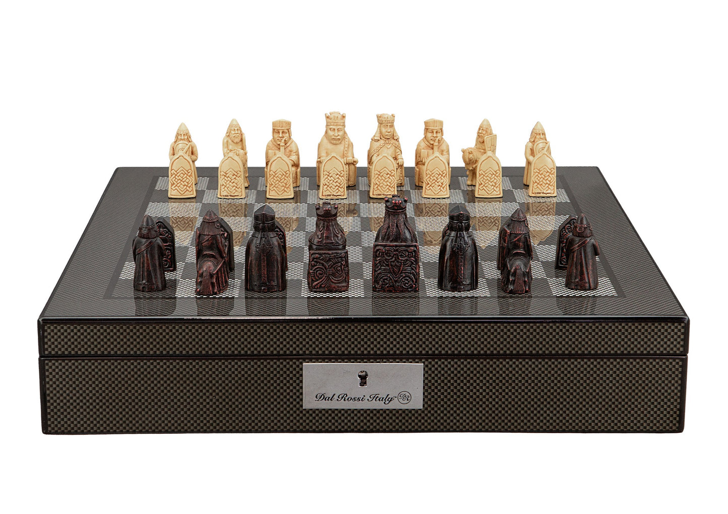 Dal Rossi Italy Isle of Lewis Chess Set on a Carbon Fibre Shiny Finish Chess Box 16” with compartments