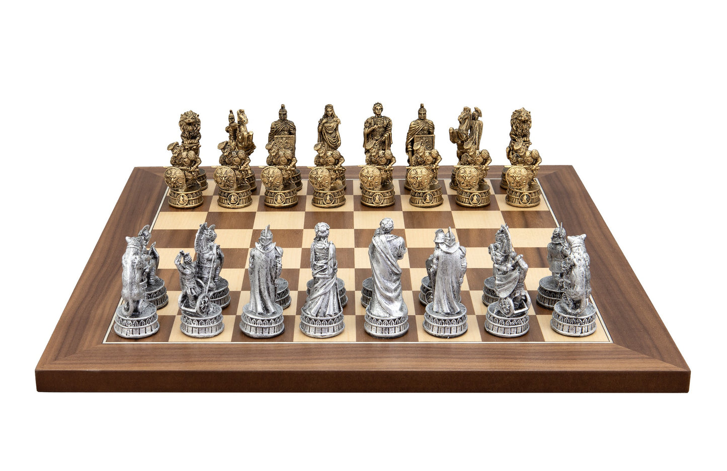 Dal Rossi Italy Roman Chessmen on a Walnut Inlaid, 40cm Chess Board