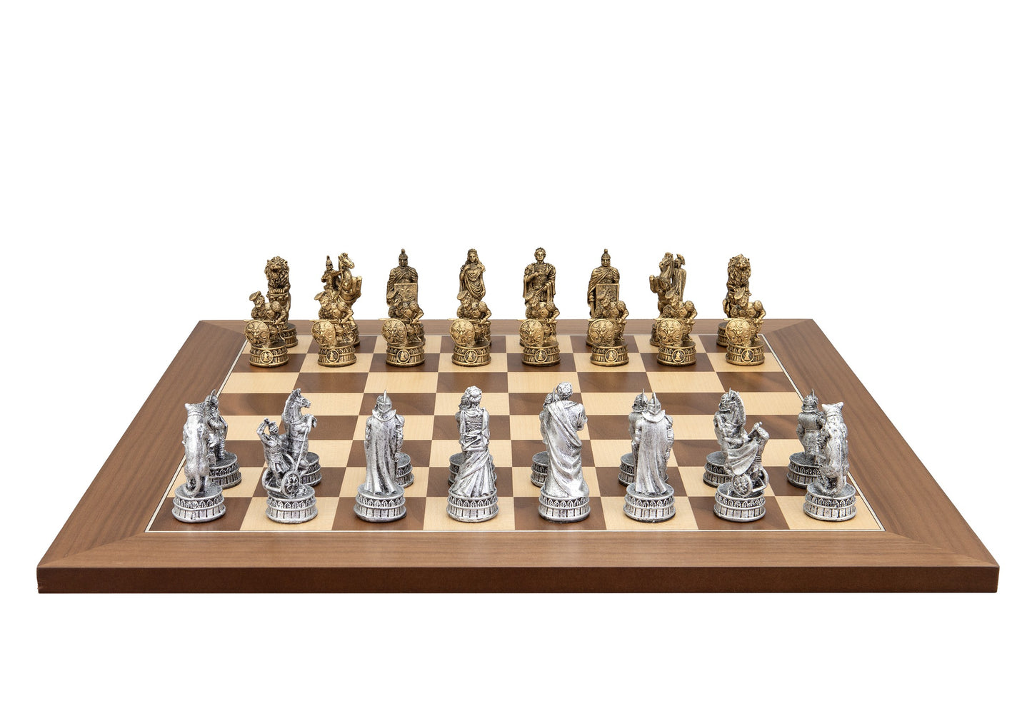 Dal Rossi Italy Roman Chessmen on a Walnut Inlaid, 50cm Chess Board