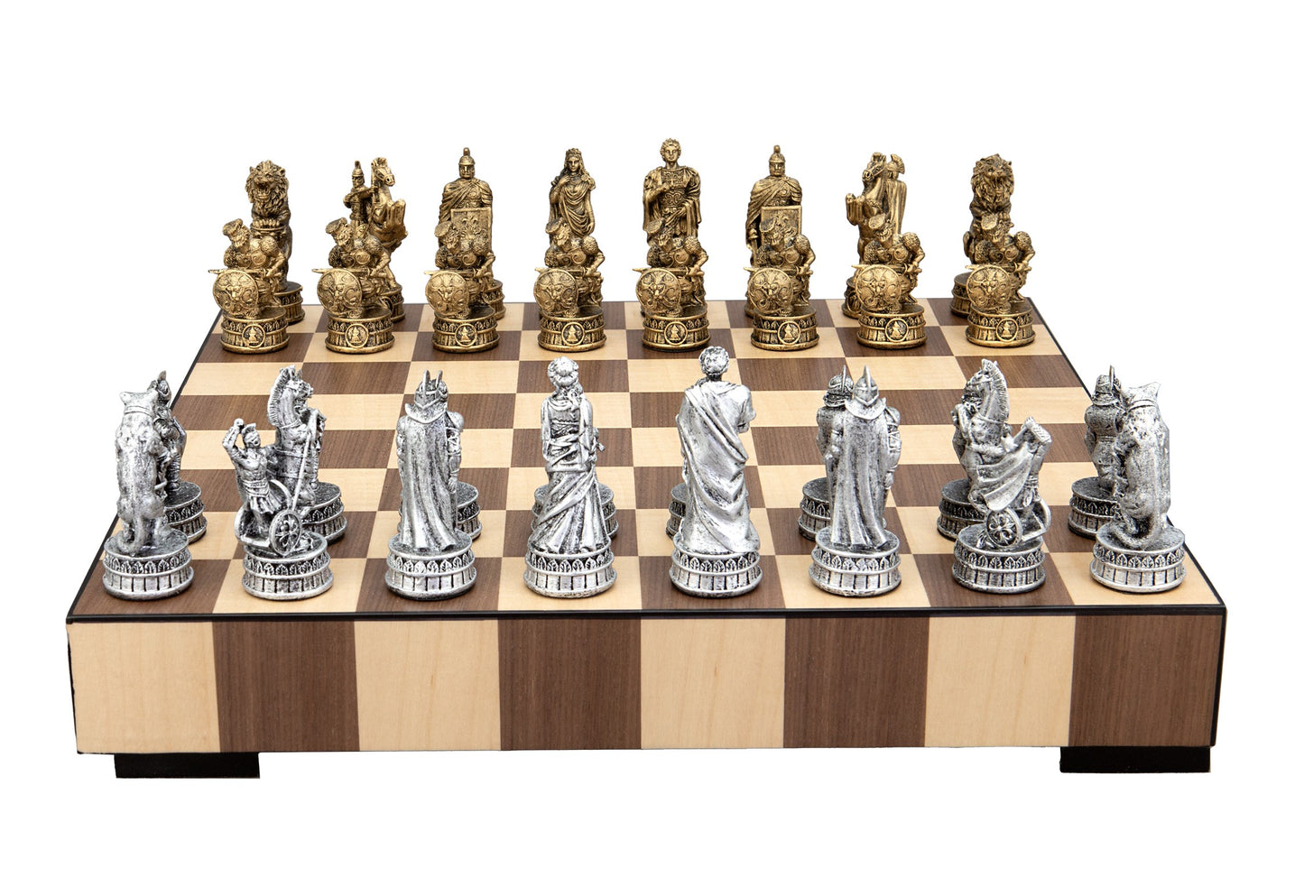 Dal Rossi Italy Roman Chessmen on a Chess Set with Drawer 14"