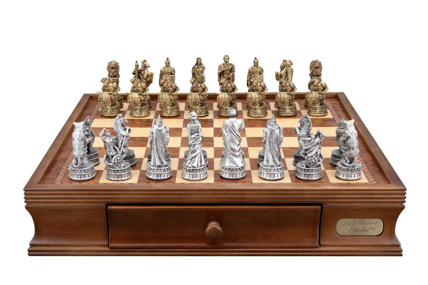 Dal Rossi Italy Roman Chessmen on a Walnut Chess Box with Drawers 16"