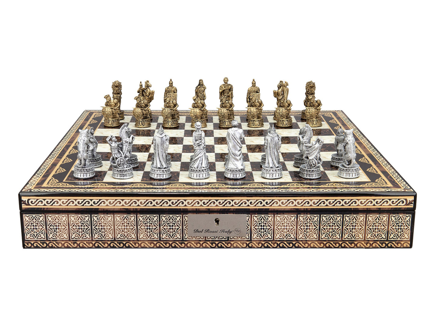 Dal Rossi Italy Roman Chessmen on a Mosaic Finish Shiny Chess Box with Compartments 20"