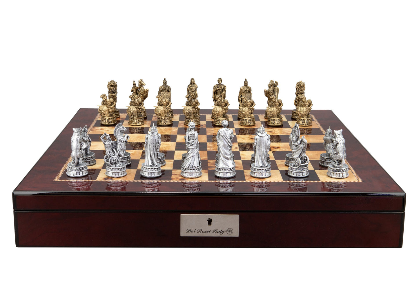 Dal Rossi Italy Roman Chessmen on a Mahogany Finish Shiny Chess Box with Compartments 20"