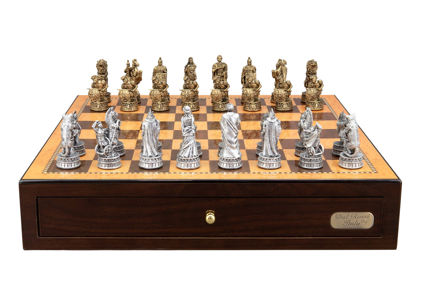 Dal Rossi Italy Roman Chessmen on a Shiny Walnut Chess Box with two Drawers 18"