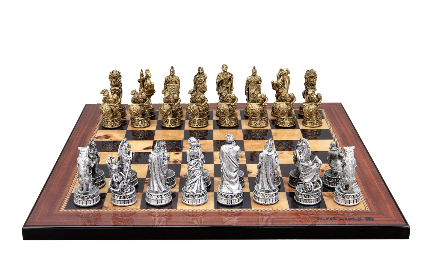 Dal Rossi Italy Roman Chessmen on a Walnut Shiny Finish, 40cm Chess Board