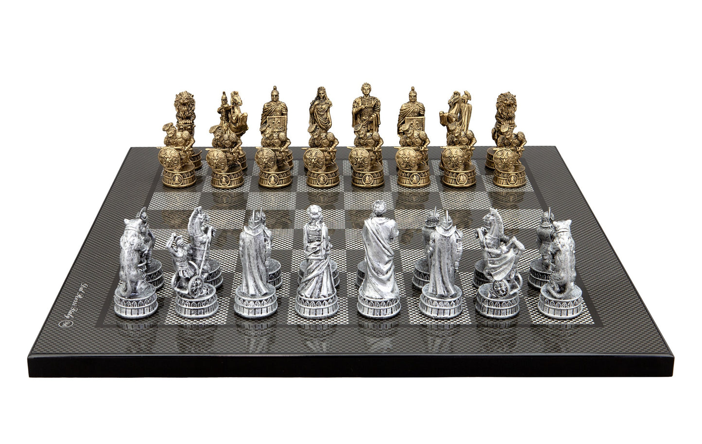 Dal Rossi Italy Roman Chessmen on a Carbon Fbre Finish, 40cm Chess Board