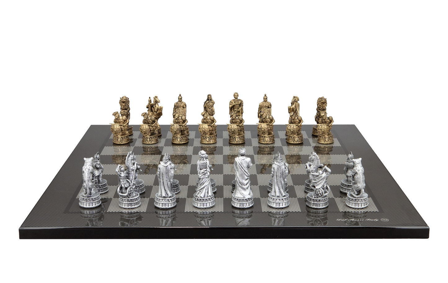 Dal Rossi Italy Roman Chessmen on a Carbon Fbre Finish, 50cm Chess Board