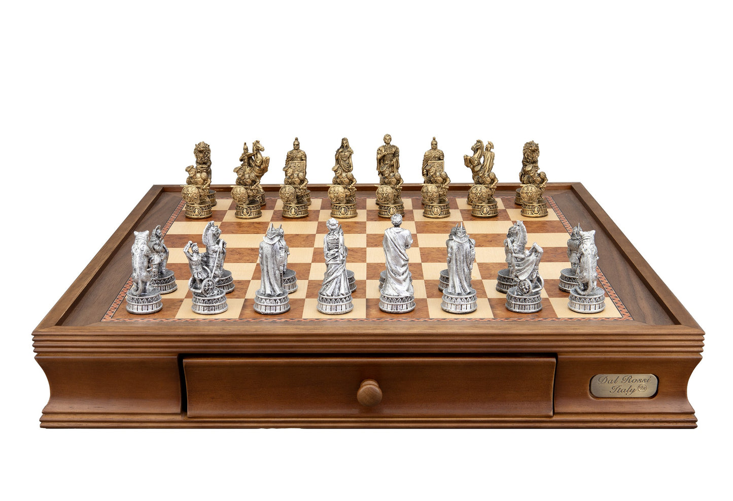 Dal Rossi Italy Roman Chessmen on a Walnut Chess Box with Drawers 20"