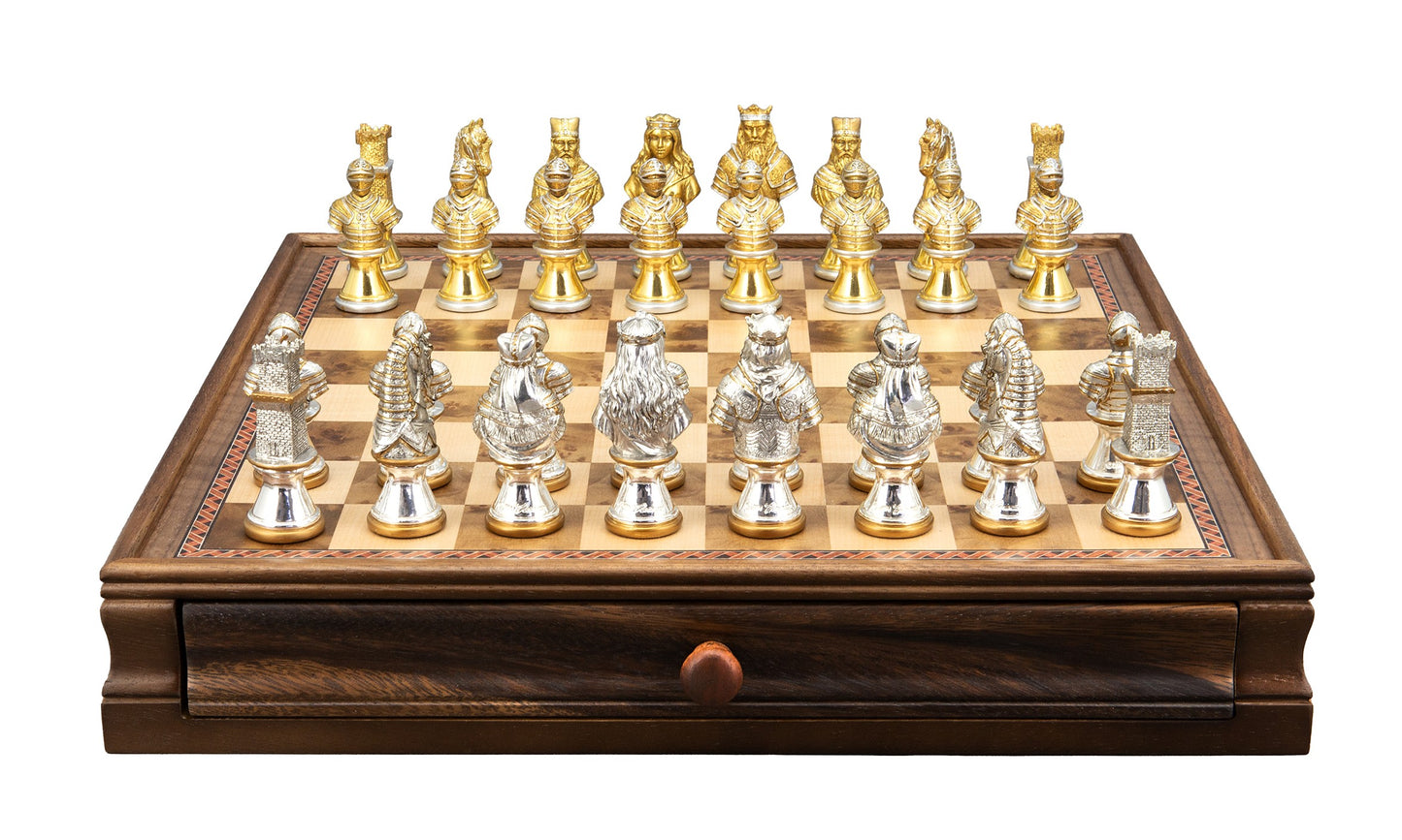 Dal Rossi Italy, Medieval Warriors Metal Chessmen 85mm on a Walnut Box with Drawer 15"