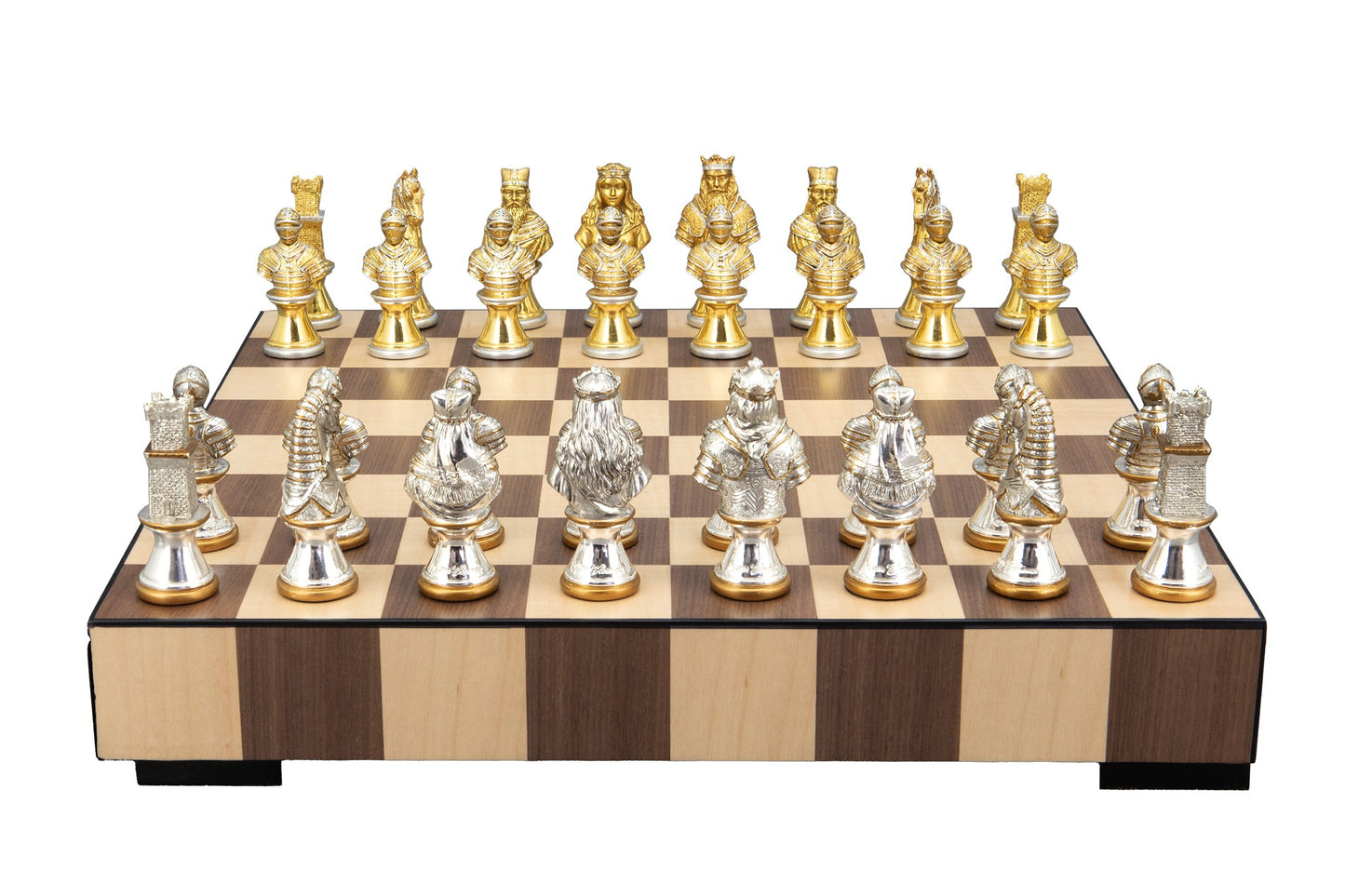 Dal Rossi Italy, Medieval Warriors Metal Chessmen 85mm on a Chess Set with Drawer 14"