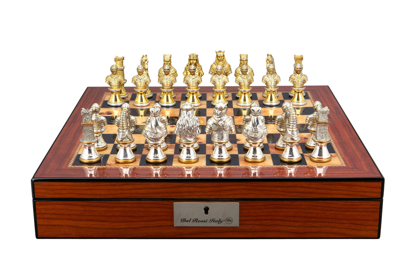 Dal Rossi Medieval Warriors Metal Chessmen 85mm on a Walnut Finish Shiny Chess Box with Compartments 16"