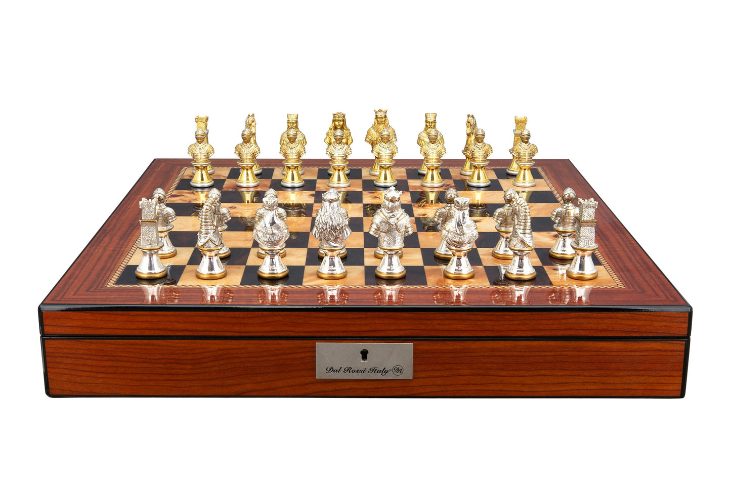 Dal Rossi Medieval Warriors Metal Chessmen 85mm on a Walnut Finish Shiny Chess Box with Compartments 20"