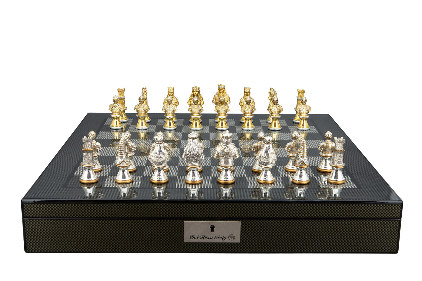Dal Rossi Medieval Warriors Metal Chessmen 85mm on a Carbon Fibre Finish Shiny Chess Box with Compartments 20"