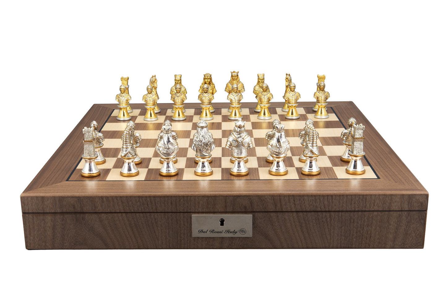 Dal Rossi Medieval Warriors Metal Chessmen 85mm on a Walnut Inlaid Chess Box with Compartments 20"