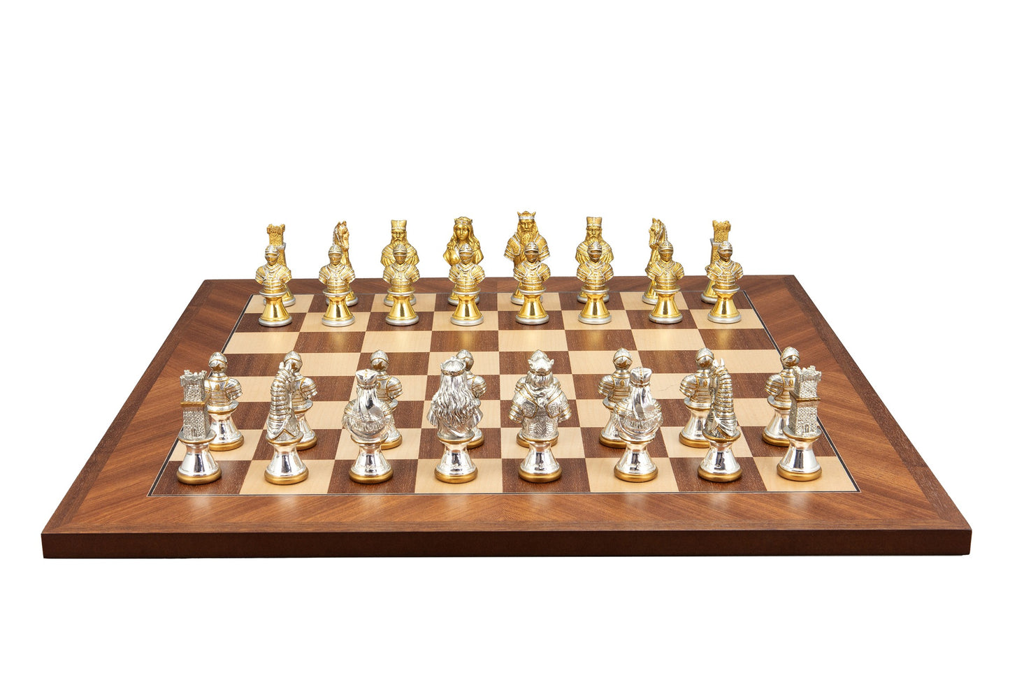 Dal Rossi Italy, Medieval Warriors Metal Chessmen 85mm on a Mahogany / Maple, 50cm Chess Board