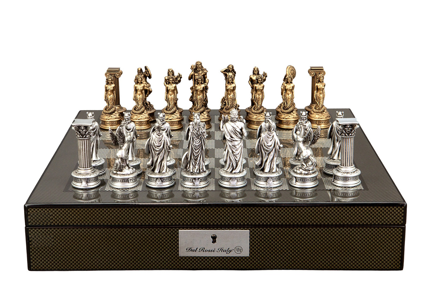 Dal Rossi Italy European Warriors Chessmen 85mm on a Carbon Fibre Finish Shiny Chess Box with Compartments 16"