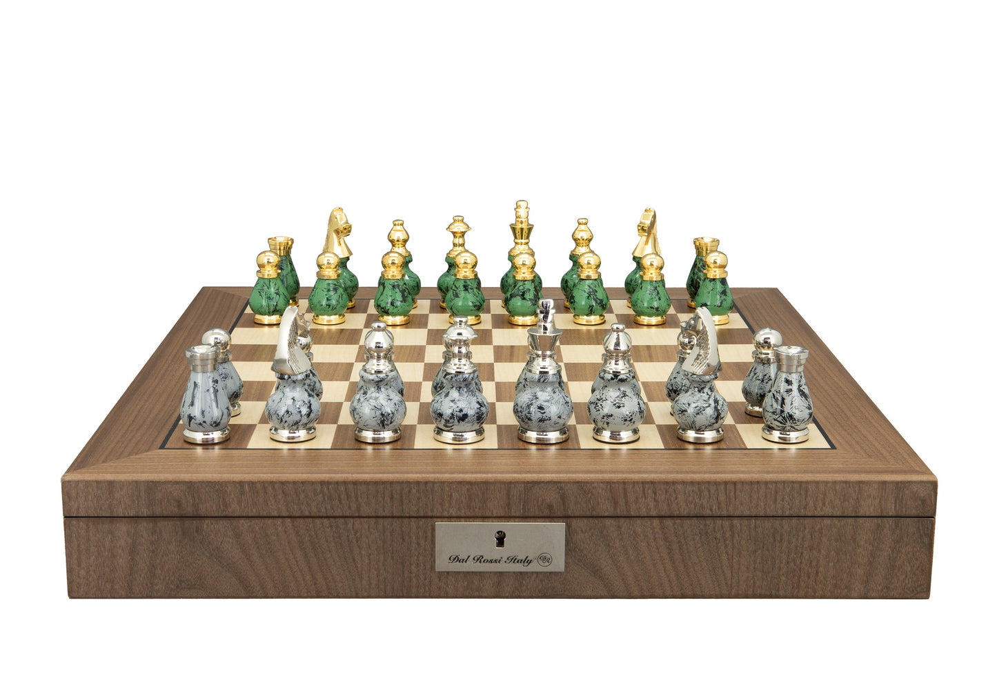 Dal Rossi Italy, Gray and Green with Gold and Silver Tops and Bottoms Chessmen 90mm on a Walnut Inlaid Chess Box with Compartments 20"