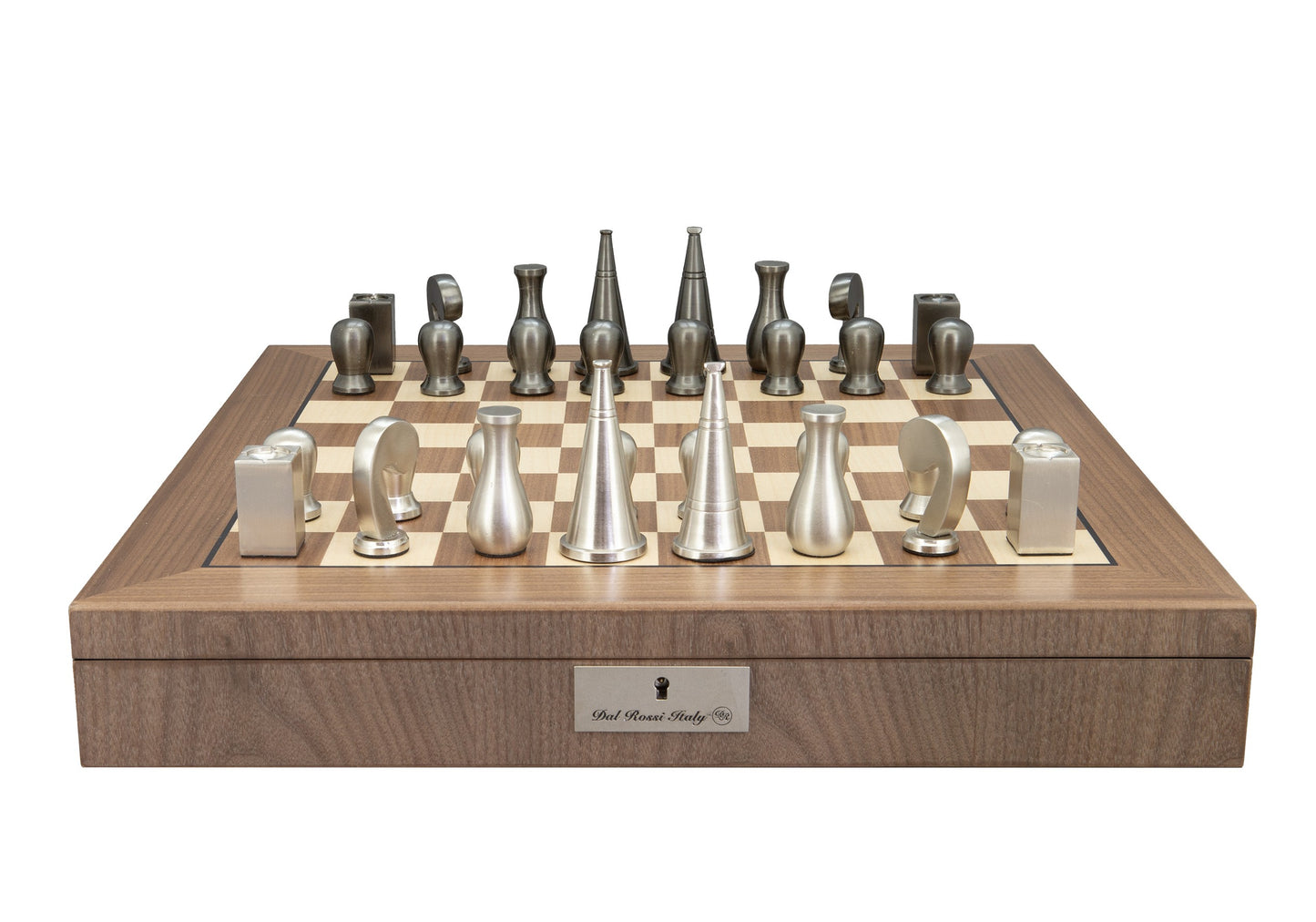 Dal Rossi Italy Metal Dark Titanium and Silver 90mm Chessmen on a Walnut Inlaid Chess Box with Compartments 20"