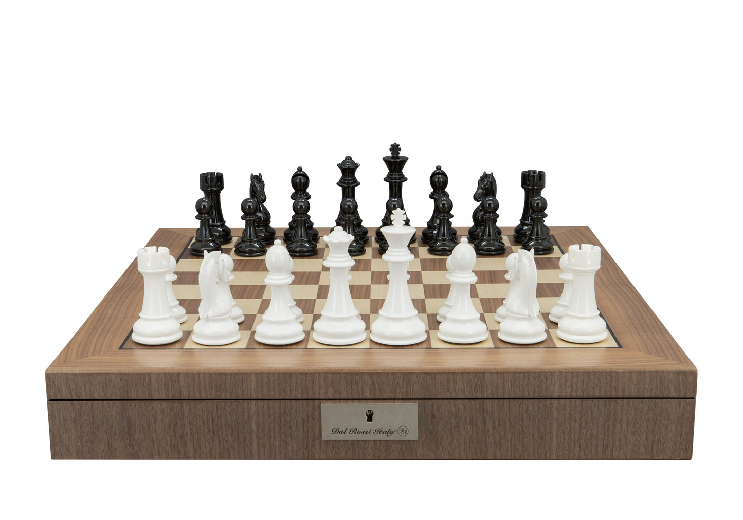 Dal Rossi Italy Black and White Weight pieces110mm Chessmen on a Walnut Inlaid Chess Box with Compartments 20"