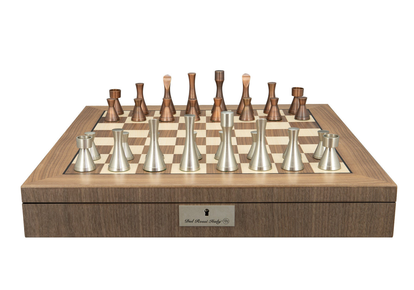 Dal Rossi Italy, Contemporary Metal Chessmen on a Walnut Inlaid Chess Box with Compartments 20"