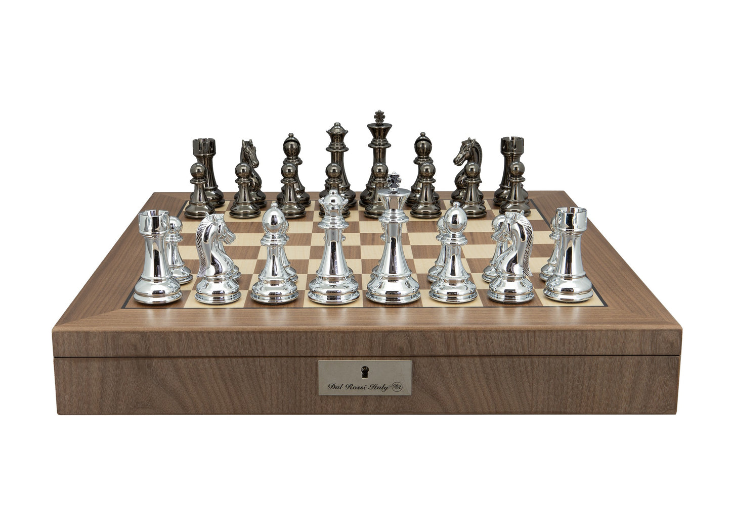 Dal Rossi Italy Silver and Black Weight Chess pieces110mm Chessmen on a Walnut Inlaid Chess Box with Compartments 20"