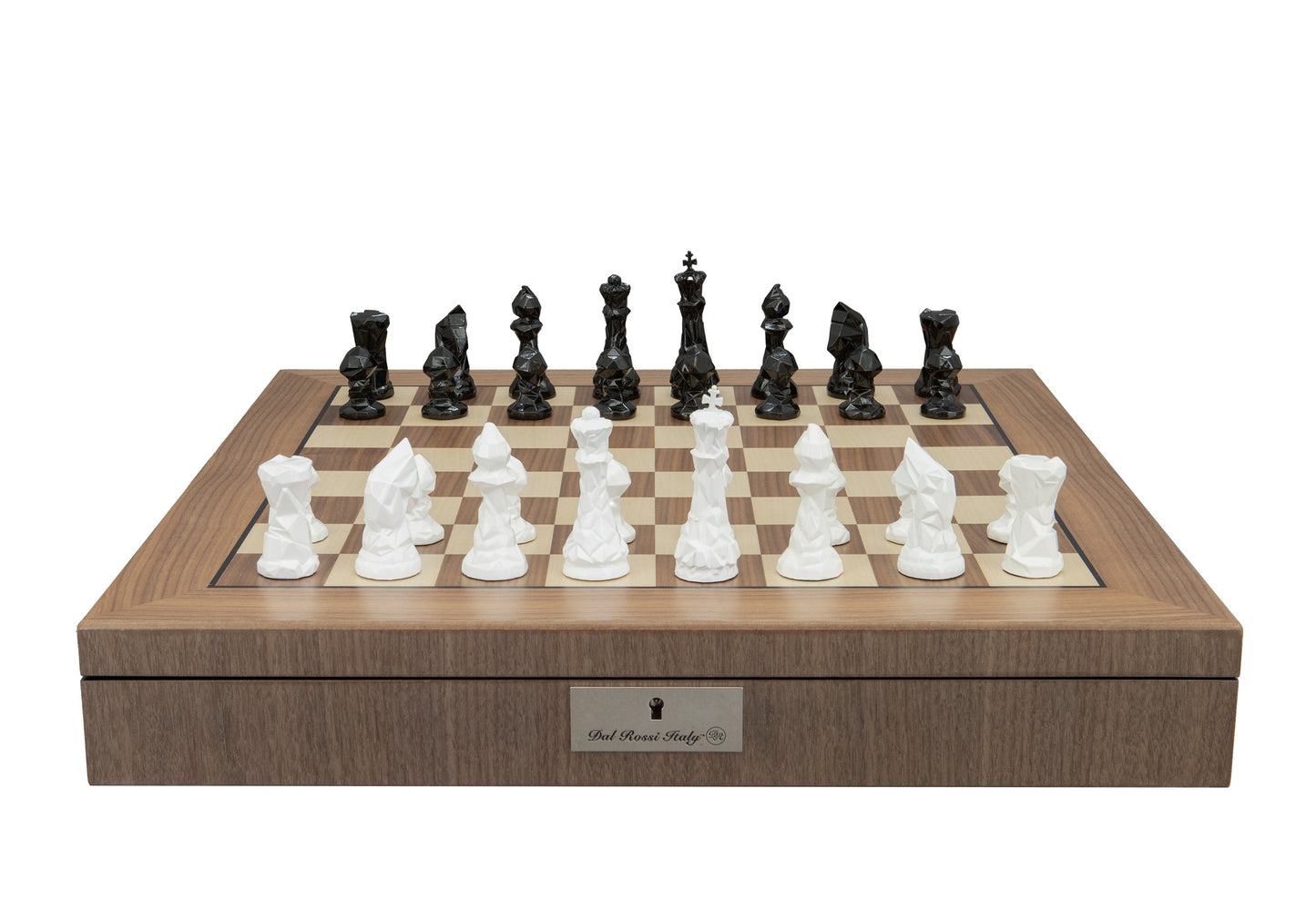 Dal Rossi Diamond-Cut Black & White Chessmen on a Walnut Inlaid Chess Box with Compartments 20"