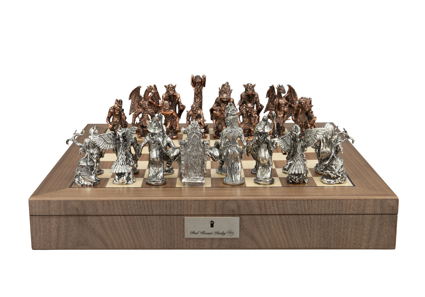 Dal Rossi Good and Evil Chessmen on a Walnut Inlaid Chess Box with Compartments 20"