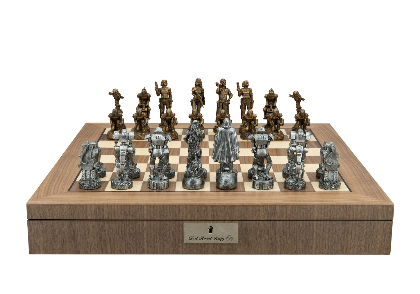 Dal Rossi Mad Max Robot Chess Pieces Polyresin on a Walnut Inlaid Chess Box with Compartments 20"