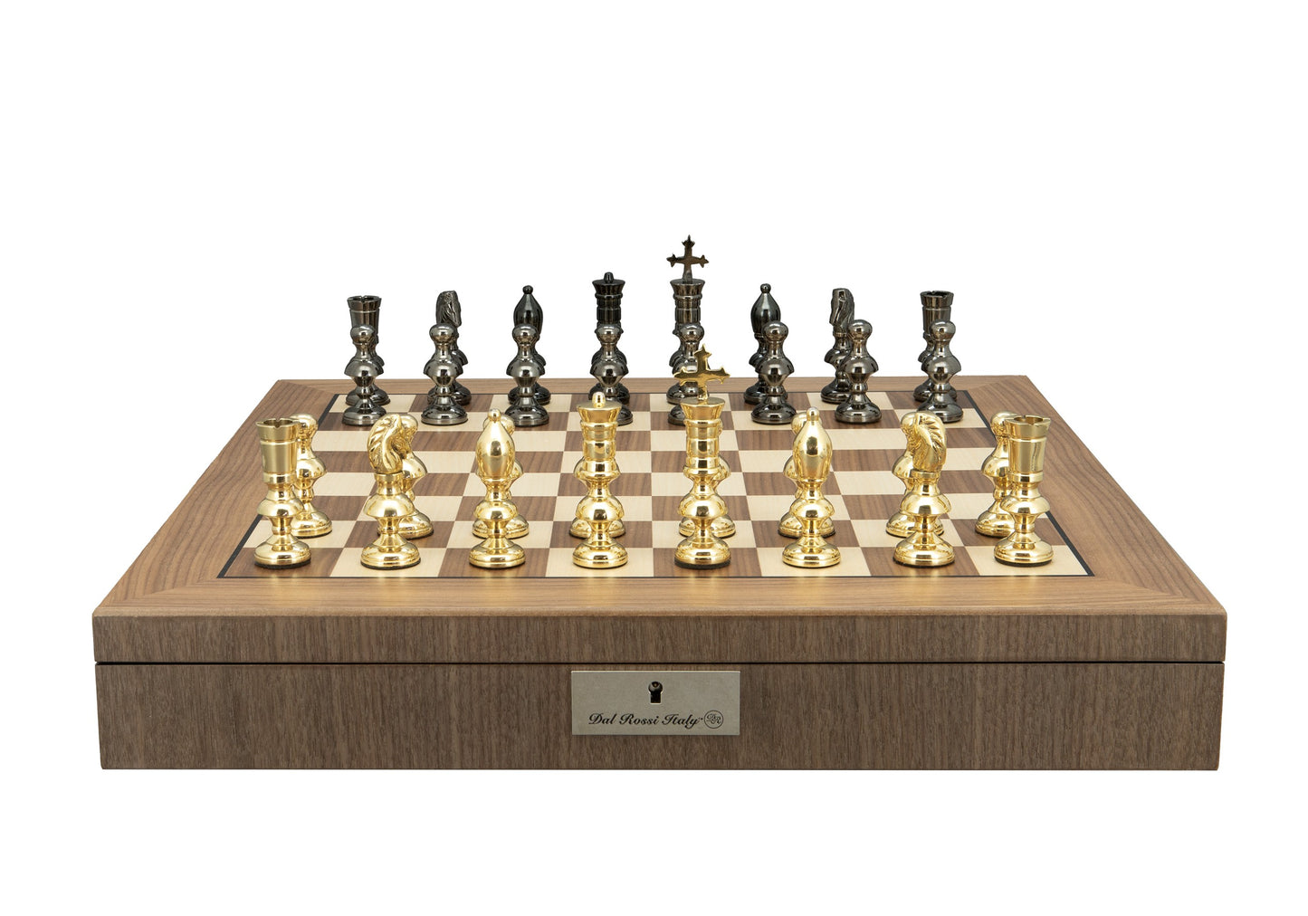 Dal Rossi Italy Metal Dark Titanium and Gold 110mm Chessmen on a Walnut Inlaid Chess Box with Compartments 20"
