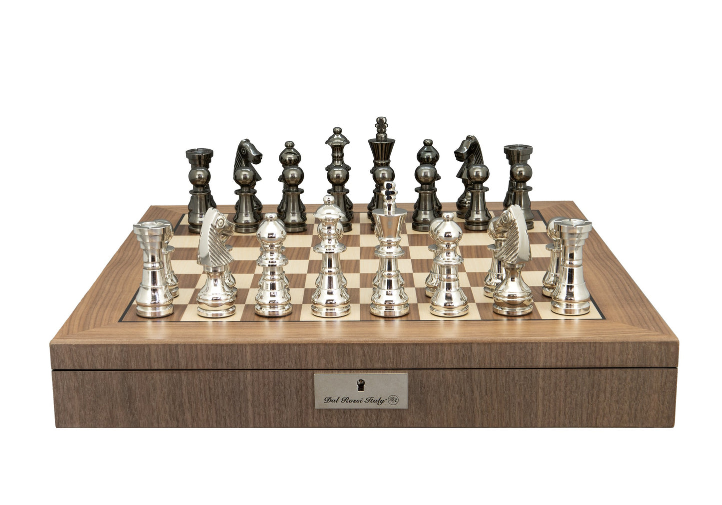 Dal Rossi Italy Metal Dark Titanium and Silver 115mm Chessmen on a Walnut Inlaid Chess Box with Compartments 20"