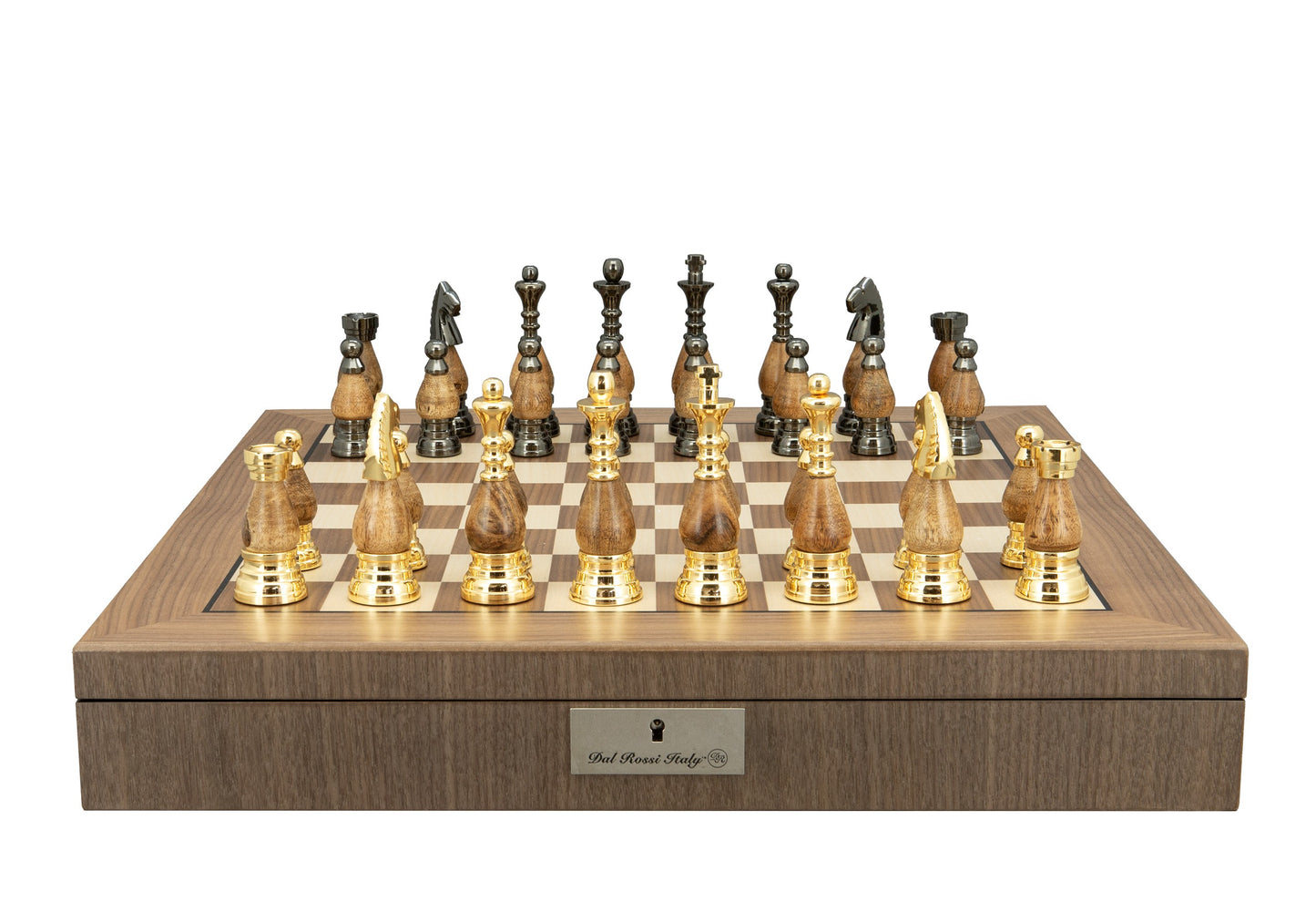 Dal Rossi Italy, Staunton Metal and Wood Gold 100mm Chessmen on a Walnut Inlaid Chess Box with Compartments 20"