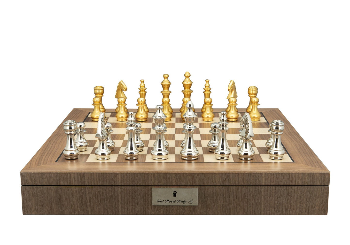 Dal Rossi Italy, Staunton Silver and GOLD Chessmen 100mm Chessmen on a Walnut Inlaid Chess Box with Compartments 20"