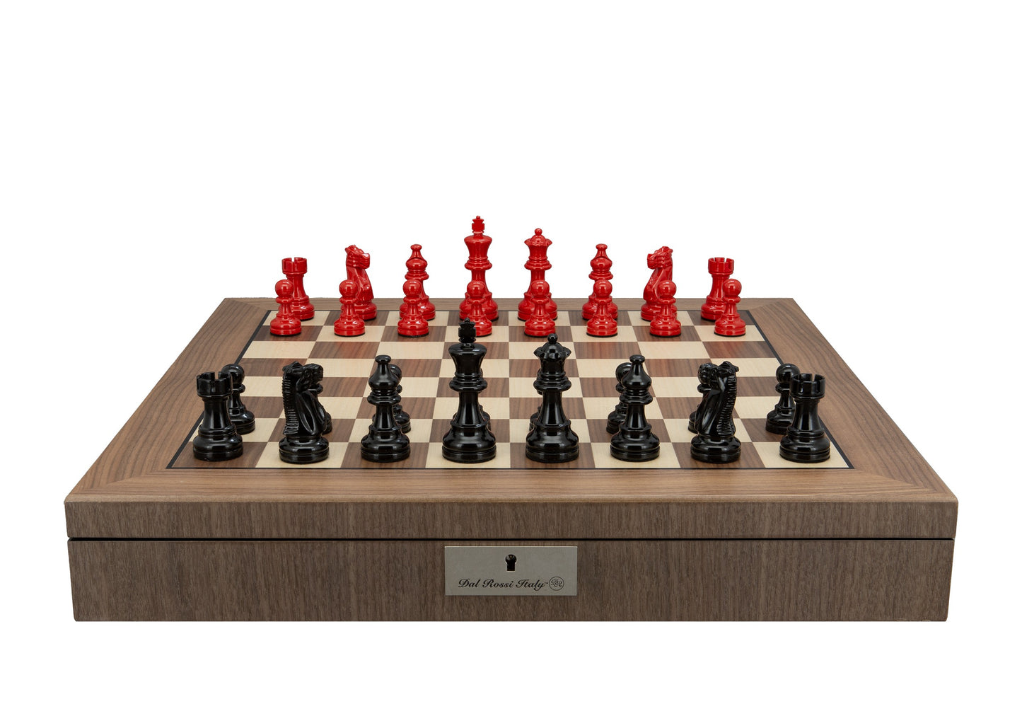 Dal Rossi Italy, Staunton Black and Red Double Weighted Chessmen on a Walnut Inlaid Chess Box with Compartments 20"