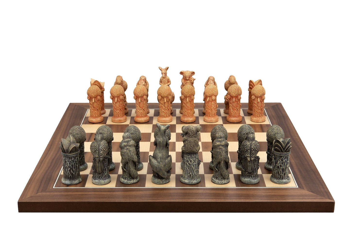 Dal Rossi Hand Paint - Australiana Chessmen on a Walnut Inlaid, 40cm Chess Board
