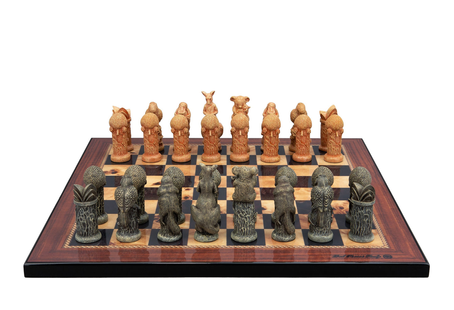 Dal Rossi Hand Paint - Australiana Chessmen on a Walnut Shinny Finish, 40cm Chess Board
