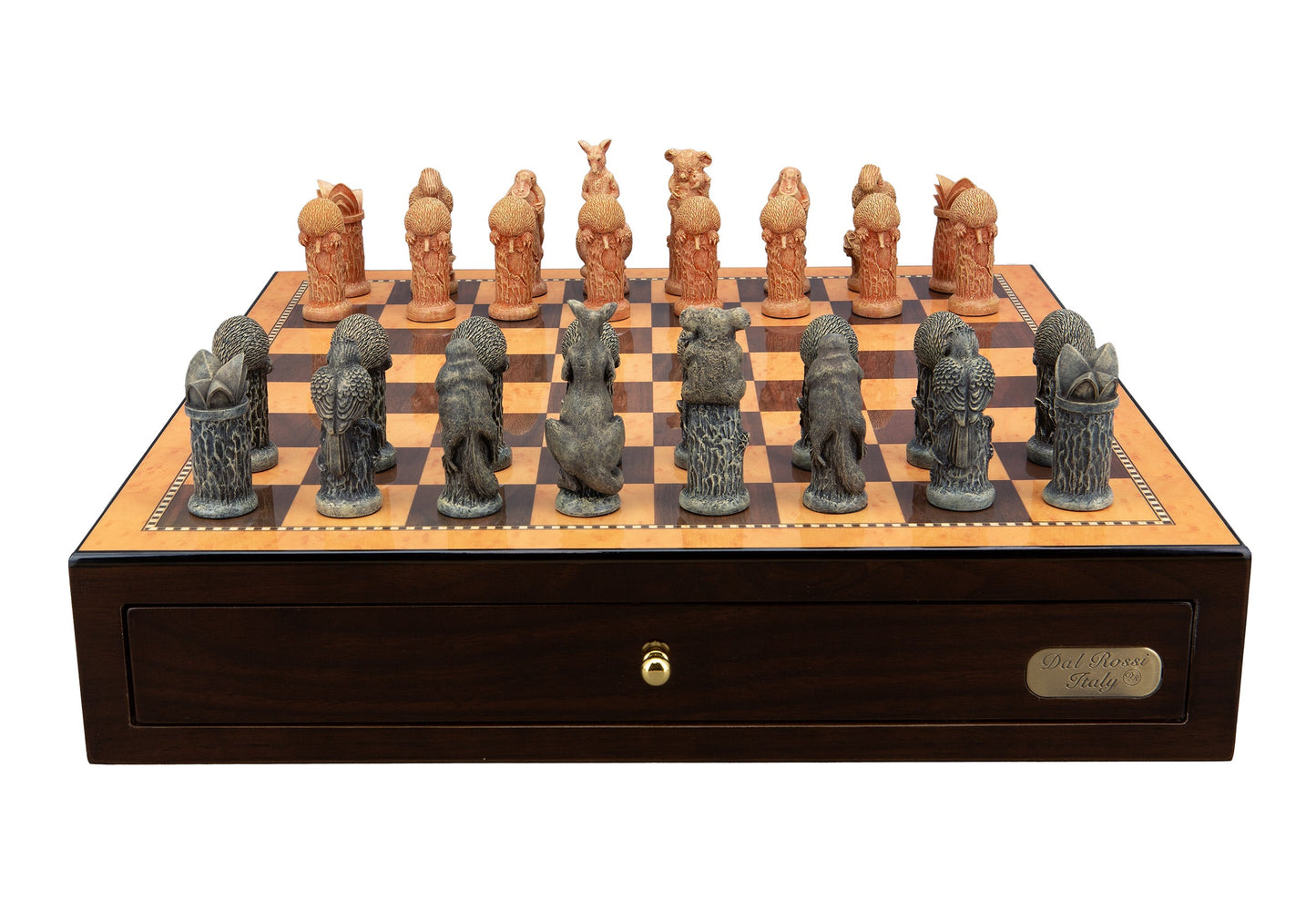 Dal Rossi Hand Paint - Australiana Chessmen on a Shiny Walnut Chess Box with two Drawers 18"