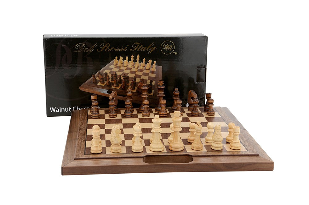 Dal Rossi Chess Set walnut folding bevelled edge, with handle, 16"