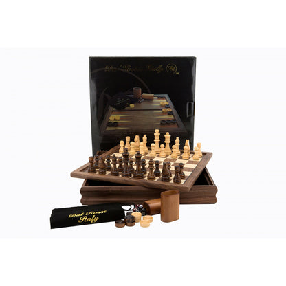 Dal Rossi Chess /Checkers / Backgammon, walnut, flip top board, 14"